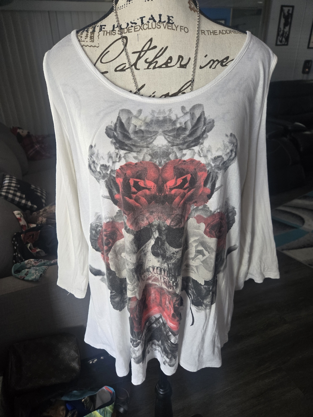 White Skull Print Women's Long Sleeve Top. With Cold Shoulder And Cut Out Back